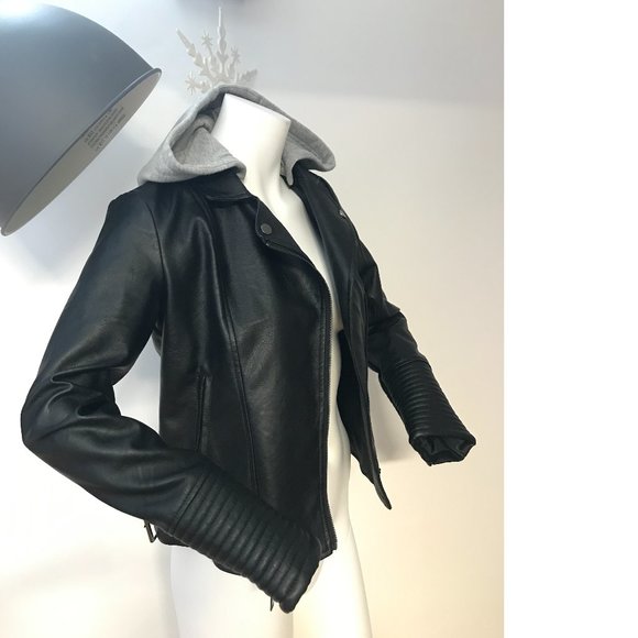 Ardene Black Moto Jacket Biker Style Detachable Knit Hood Vegan Leather - Picture 1 of 7